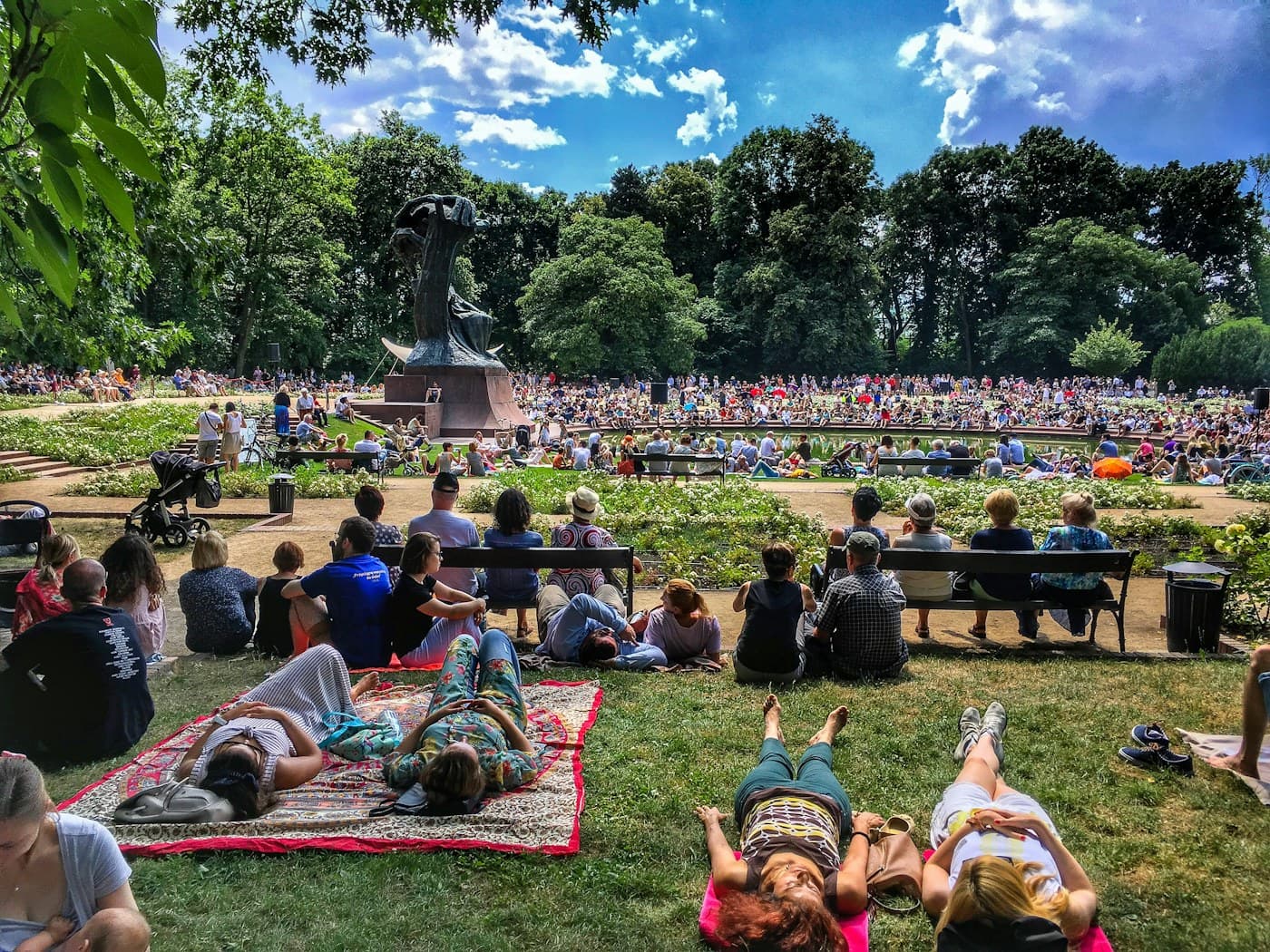 A community gathering in a green city park